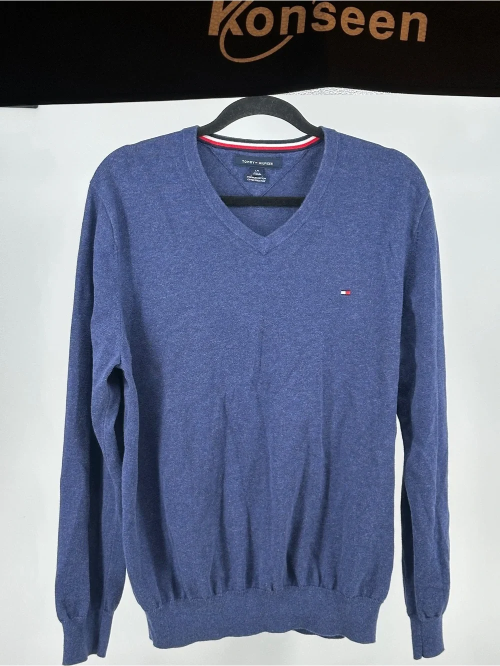 Meme Large Tommy Hilfiger Men's V-Neck Heather Navy Sweater 100% Cotton